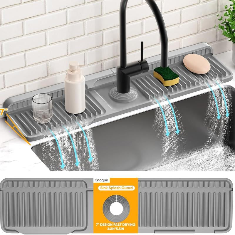 24 Inch Longer Faucet Mat for Kitchen Sink [5° Slope Fast Self-Draining]Bathroom Kitchen Sink Splash Guard Silicone Sinks Faucet Mat Splash Guard for Kitchens Sinks Area Tidy Splashs Draining Mats